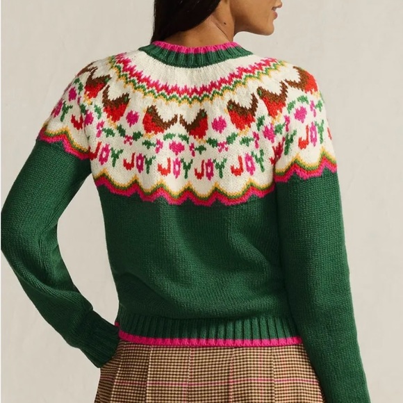 XL Lands End Lofty Birdseye Green and Pink Fair Isle chunky button up cardigan. - Picture 5 of 11